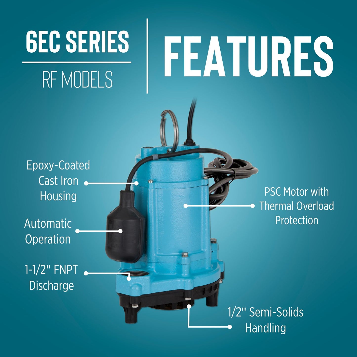 Little Giant 6EC-CIA-SFS 1/3 HP, 115-Volt, 3180 GPH Automatic Cast Iron Submersible Sump/Effluent Pump with Polypropylene Base, Integral Snap-Action Float Switch and 10-Ft. Cord, Blue, 506807