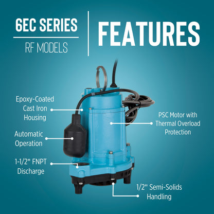Little Giant 6EC-CIA-SFS 1/3 HP, 115-Volt, 3180 GPH Automatic Cast Iron Submersible Sump/Effluent Pump with Polypropylene Base, Integral Snap-Action Float Switch and 10-Ft. Cord, Blue, 506807